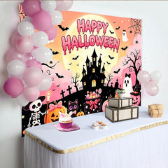 Lofaris Rosa Halloweenhintergrund mit Happy Halloween Schriftzug und Geistern, gruselige Partydekoration für Fotoshooting und Halloweenfeier