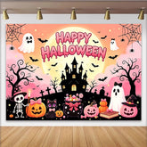 Lofaris Rosa Halloweenhintergrund mit Happy Halloween Schriftzug und Geistern, gruselige Partydekoration für Fotoshooting und Halloweenfeier