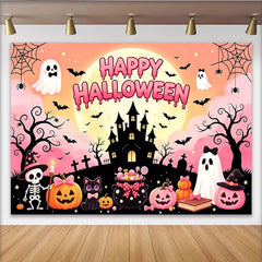 Lofaris Rosa Halloweenhintergrund mit Happy Halloween Schriftzug und Geistern, gruselige Partydekoration für Fotoshooting und Halloweenfeier