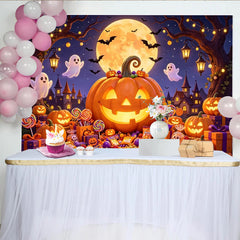 Lofaris Gruseliger Halloween-Hintergrund mit leuchtendem Kürbis Geistern und Fledermäusen, festliche Kulisse für Süßigkeiten-Party
