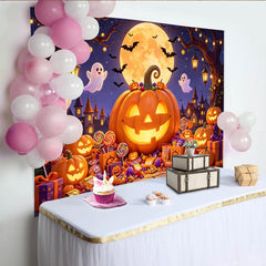 Lofaris Gruseliger Halloween-Hintergrund mit leuchtendem Kürbis Geistern und Fledermäusen, festliche Kulisse für Süßigkeiten-Party