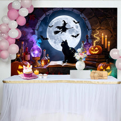 Lofaris Mystischer Halloween Hintergrund mit Vollmond Hexe Fledermäusen und Kürbissen, gruselige Kulisse für Halloween Partys und Fotoshootings