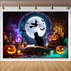 Lofaris Mystischer Halloween Hintergrund mit Vollmond Hexe Fledermäusen und Kürbissen, gruselige Kulisse für Halloween Partys und Fotoshootings