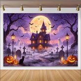 Lofaris Spooky Halloween-Hintergrund mit Spukhaus und Vollmond für Party, neblige Friedhofs-Kulisse mit Fledermäusen für Fotostudio