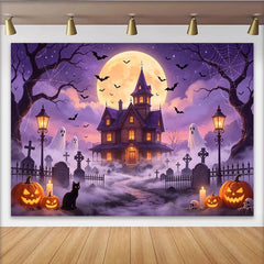 Lofaris Spooky Halloween-Hintergrund mit Spukhaus und Vollmond für Party, neblige Friedhofs-Kulisse mit Fledermäusen für Fotostudio