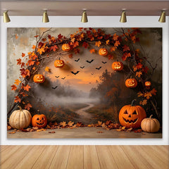 Lofaris Orange Herbstblätter Kürbislaternen Halloween-Hintergrund, gruselige Kulisse für Partydekoration und Fotoshooting