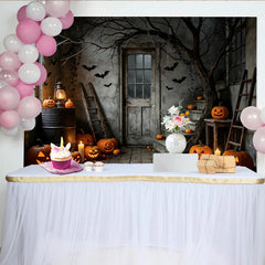 Lofaris Gruseliger Halloween Hintergrund mit Kürbislaternen und Fledermäusen, rustikale Kulisse für gruselige Partydekoration und Fotoshooting