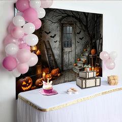 Lofaris Gruseliger Halloween Hintergrund mit Kürbislaternen und Fledermäusen, rustikale Kulisse für gruselige Partydekoration und Fotoshooting