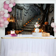 Lofaris Gruseliger Halloween Hintergrund mit leuchtenden Kürbissen und Fledermäusen, unheimliche Kulisse für Party und Fotoshooting