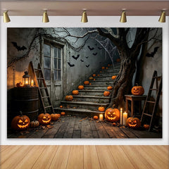 Lofaris Gruseliger Halloween Hintergrund mit leuchtenden Kürbissen und Fledermäusen, unheimliche Kulisse für Party und Fotoshooting