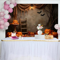 Lofaris Halloween Hintergrund mit leuchtenden Kürbissen und Fledermäusen, rustikale Herbst-Fotokulisse für gruselige Partys und Fotoshootings