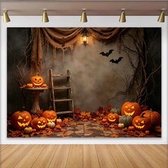 Lofaris Halloween Hintergrund mit leuchtenden Kürbissen und Fledermäusen, rustikale Herbst-Fotokulisse für gruselige Partys und Fotoshootings