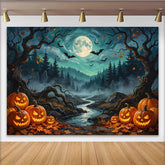 Lofaris Unheimlicher Halloween Hintergrund mit leuchtenden Kürbissen und Fledermäusen unter Vollmond, gruselige Kulisse für Partydekoration