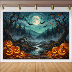 Lofaris Unheimlicher Halloween Hintergrund mit leuchtenden Kürbissen und Fledermäusen unter Vollmond, gruselige Kulisse für Partydekoration