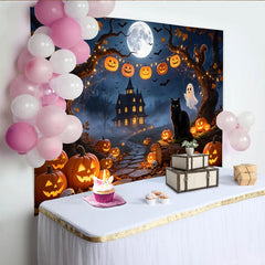 Lofaris Halloween Hintergrund mit leuchtenden Kürbissen, Spukhaus und Vollmond, perfekte Fotowand für gruselige Halloweenparty Dekoration