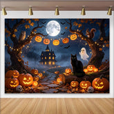 Lofaris Halloween Hintergrund mit leuchtenden Kürbissen, Spukhaus und Vollmond, perfekte Fotowand für gruselige Halloweenparty Dekoration