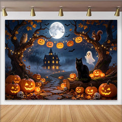 Lofaris Halloween Hintergrund mit leuchtenden Kürbissen, Spukhaus und Vollmond, perfekte Fotowand für gruselige Halloweenparty Dekoration