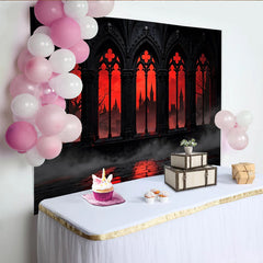 Lofaris Dunkler roter Gothic-Hintergrund mit Burg und Spitzbogenfenstern, mysteriöse Fotokulisse für Halloween und Fantasy-Events