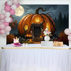 Lofaris Gruseliger Halloween Kürbis Haus Hintergrund mit Vollmond und Schädeln, mystische Kulisse für festliche Herbstdekoration
