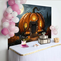 Lofaris Gruseliger Halloween Kürbis Haus Hintergrund mit Vollmond und Schädeln, mystische Kulisse für festliche Herbstdekoration