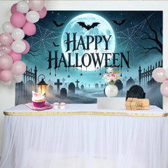 Lofaris Happy Halloween Hintergrund mit Vollmond Fledermäusen Spinnennetz Friedhof, neblige Kulisse für gruselige Halloweenparty