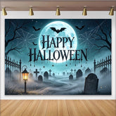 Lofaris Happy Halloween Hintergrund mit Vollmond Fledermäusen Spinnennetz Friedhof, neblige Kulisse für gruselige Halloweenparty