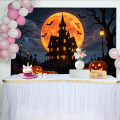 Lofaris Gruseliger Halloween-Hintergrund mit Spukhaus und leuchtenden Kürbissen, unheimliche Fotokulisse für festliche Partydeko