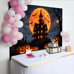 Lofaris Gruseliger Halloween-Hintergrund mit Spukhaus und leuchtenden Kürbissen, unheimliche Fotokulisse für festliche Partydeko