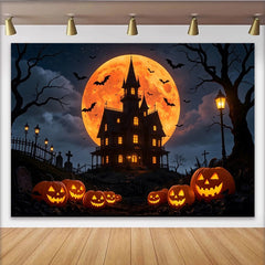 Lofaris Gruseliger Halloween-Hintergrund mit Spukhaus und leuchtenden Kürbissen, unheimliche Fotokulisse für festliche Partydeko