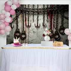 Lofaris Dunkler Halloween-Hintergrund mit Ketten Haken und roten Tropfen, gruselige Kulisse für Horror-Partys und Fotoshootings