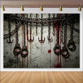 Lofaris Dunkler Halloween-Hintergrund mit Ketten Haken und roten Tropfen, gruselige Kulisse für Horror-Partys und Fotoshootings