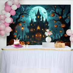 Lofaris Gruseliger Halloween-Hintergrund mit Spukhaus Kürbislaternen und Vollmond, perfekte Fotokulisse für Halloweenpartys