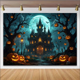 Lofaris Gruseliger Halloween-Hintergrund mit Spukhaus Kürbislaternen und Vollmond, perfekte Fotokulisse für Halloweenpartys