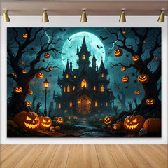 Lofaris Gruseliger Halloween-Hintergrund mit Spukhaus Kürbislaternen und Vollmond, perfekte Fotokulisse für Halloweenpartys