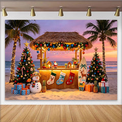 Lofaris Tropischer Strand-Weihnachts-Hintergrund mit Palmen, Schneemann und Geschenken, festliche Kulisse für Winterurlaub und Fotoshooting
