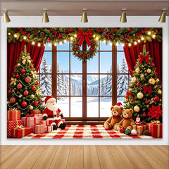 Lofaris Winterlicher Weihnachtshintergrund mit Fenster Tannenbäumen und Santa, gemütliche Kulisse für festliche Fotoshootings