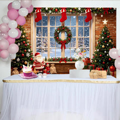Lofaris Gemütlicher Weihnachtshintergrund mit Fenster, Weihnachtsbäumen und Geschenken, festliche Fotowand für Familienfotos