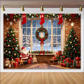 Lofaris Gemütlicher Weihnachtshintergrund mit Fenster, Weihnachtsbäumen und Geschenken, festliche Fotowand für Familienfotos