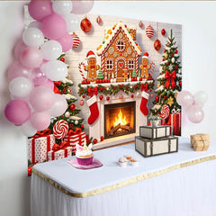 Lofaris Festlicher Lebkuchenhaus Weihnachtshintergrund mit Kamin und Bäumen, gemütliche Fotokulisse für Winterpartys und Familienfotos