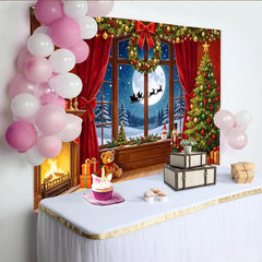 Lofaris Festlicher Weihnachts-Hintergrund mit Kamin und beleuchtetem Baum, winterliche Fotokulisse für Familienfotos und Partydekoration