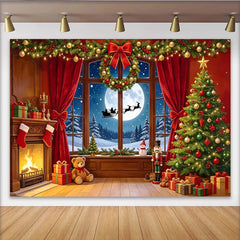 Lofaris Festlicher Weihnachts-Hintergrund mit Kamin und beleuchtetem Baum, winterliche Fotokulisse für Familienfotos und Partydekoration