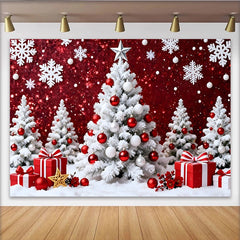 Lofaris Rot weißer Weihnachtshintergrund mit Schneeflocken und Geschenken, winterliche Fotowand für festliche Partydekoration