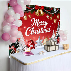 Lofaris Roter Merry Christmas Weihnachtshintergrund mit Tannenbäumen und Glocken, festliche Fotowand für Weihnachtsfeier Dekoration