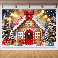 Lofaris Festlicher Lebkuchenhaus-Weihnachtshintergrund mit Schnee und Zuckerstangen, winterliche Kulisse für Familienfotos und Partys