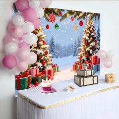 Lofaris Winterlicher Weihnachtshintergrund mit Tannenbäumen Lichtern und Geschenken, festliche Fotokulisse für Familienfotoshooting