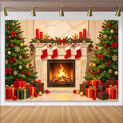Lofaris Festlicher Weihnachtshintergrund mit Kamin und geschmückten Bäumen, gemütliche Kulisse für festliche Fotoshootings und Dekoration