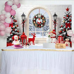 Lofaris Winterlicher Weihnachtshintergrund mit Fenster und verschneiten Bäumen, festliche Kulisse für Fotoshooting Dekoration