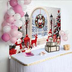 Lofaris Winterlicher Weihnachtshintergrund mit Fenster und verschneiten Bäumen, festliche Kulisse für Fotoshooting Dekoration