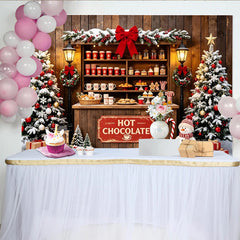 Lofaris Weihnachtshintergrund Hot Chocolate Stand mit verschneiten Bäumen, gemütliche Winterkulisse für festliche Fotoshootings und Partys