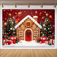 Lofaris Festlicher Lebkuchenhaus Weihnachtshintergrund mit Tannenbäumen und Geschenken, winterliche Kulisse für Feiertagsfotos